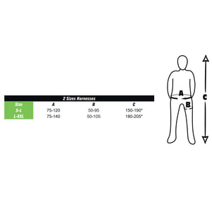 Harness sizing chart with a size table labeled '2 Sizes Harnesses' and a body measurement diagram showing points A and B on a human figure, with arrows indicating height.